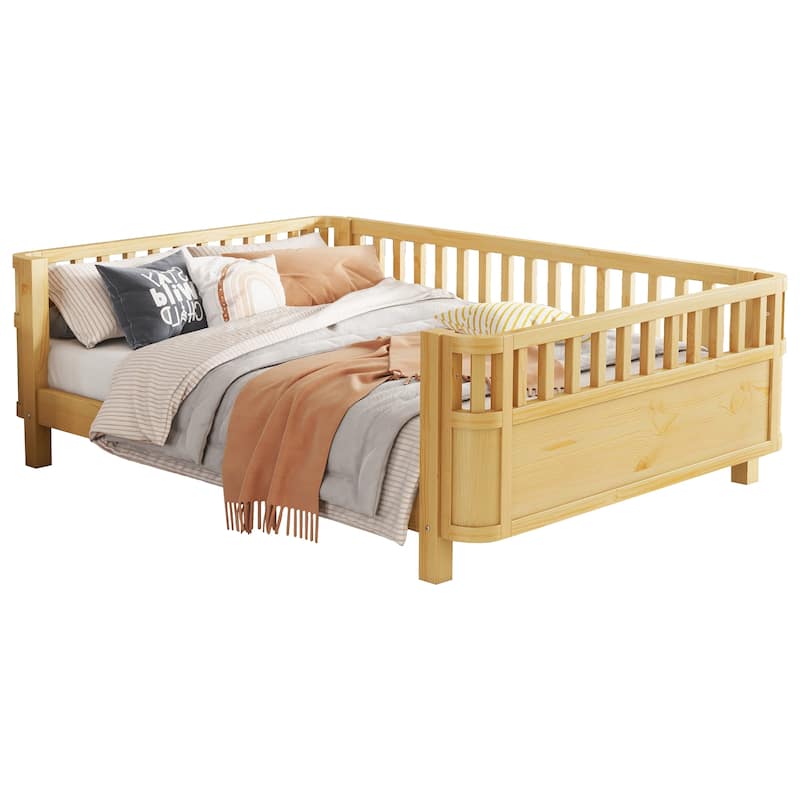 Toddler Platform Bed with Fences Headboard Footboard and Removable Side Rails for Kids, Girls and Boys Wooden Daybed