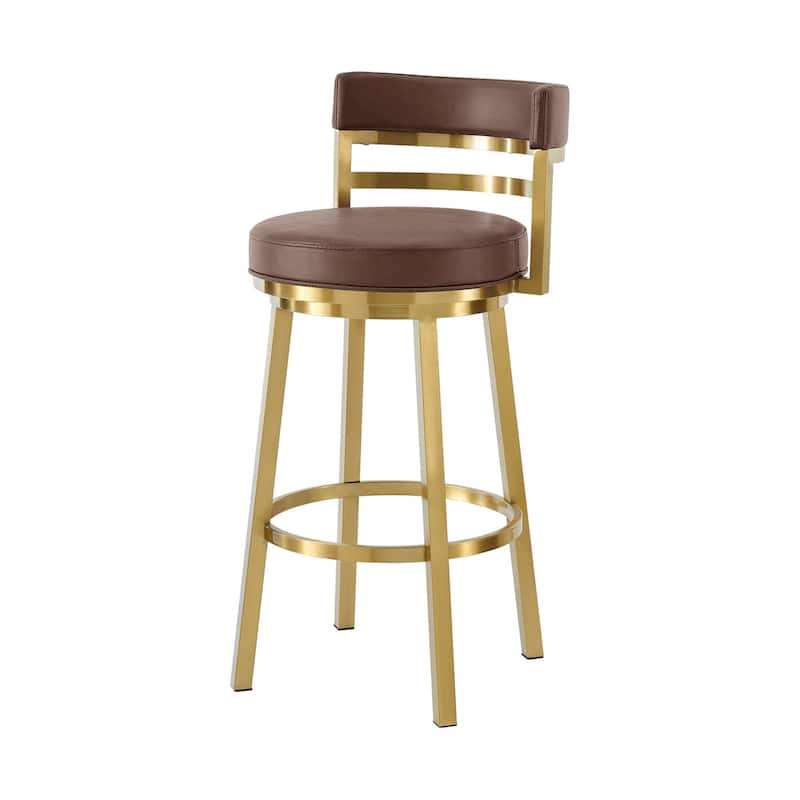 HomeRoots 26" Coffee and Gold Faux Leather and Stainless Steel Low Back Counter Height Swivel Bar Chair
