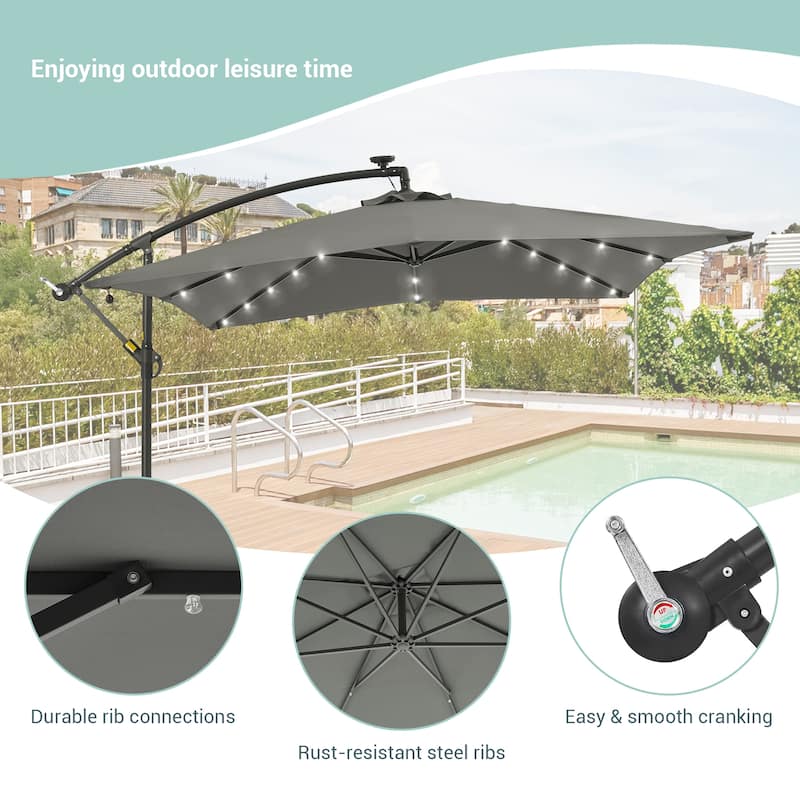 BONOSUKI 8.2Ft Solar Powered Cantilever Patio Umbrella With Base