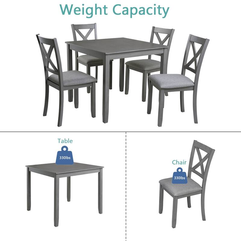 5 Piece Modern Dining Set, Square Wooden Dining Table with 4 Upholstered Chairs for Kitchen, Dining Room