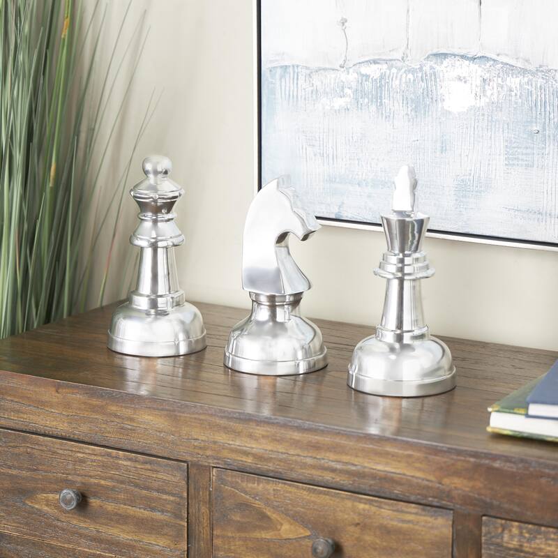 CosmoLiving by Cosmopolitan Silver or Dark Gray Aluminum Metal Chess Sculpture with Knight, Queen and King (Set of 3)