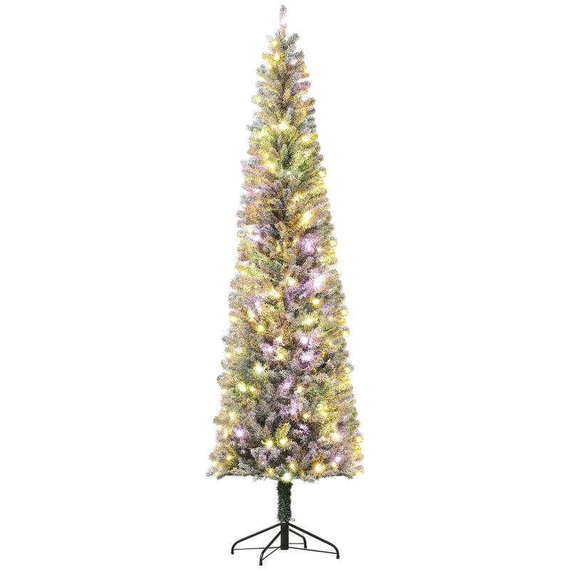 6/7.5/9FT Pre-Lit Flocked Pencil Artificial Christmas Tree with Dual Color LED Lights & Metal Stand