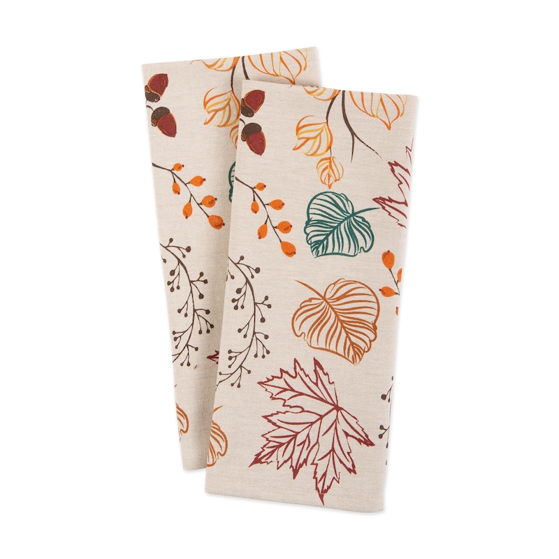 Fall Leaves Cotton Kitchen Dishtowels - 28" - Cream and Orange - Set of 2