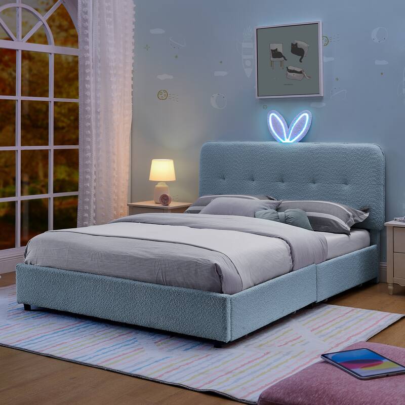 Kids Boucle Upholstered Bed with Rabbit Ear Headboard, LED Music Sync & 4 Drawers