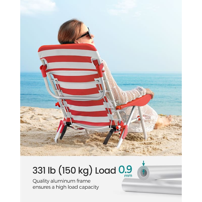 Folding Beach Chair with 4-Position Adjustable Backrest and Portable Low Seat Mesh Storage Pockets - 26.8"D x 24.8"W x 29.5"H