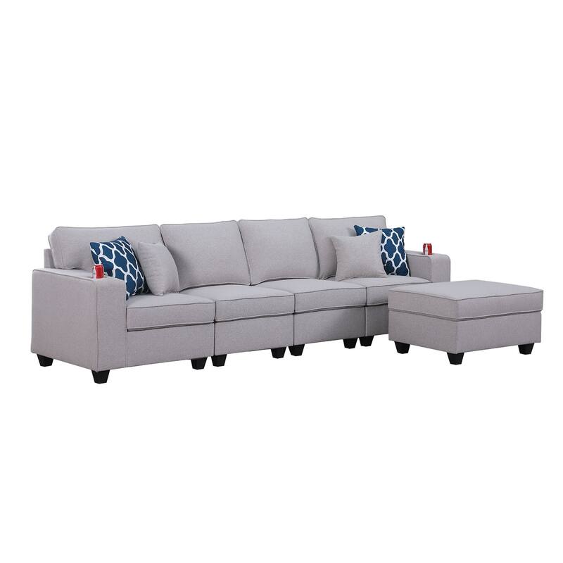 Linen Upholstered 4-Seater Sofa with Ottoman in Light Gray