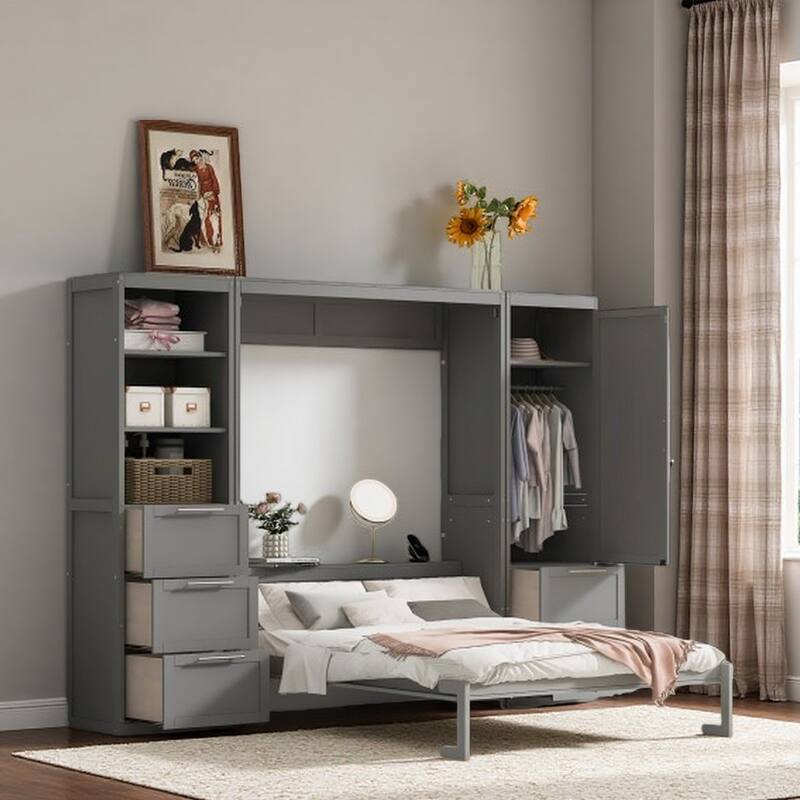 Queen Size Murphy Wall Bed with Built-In Closet, Drawers, and Shelves, Space-Saving Design - Grey - Queen