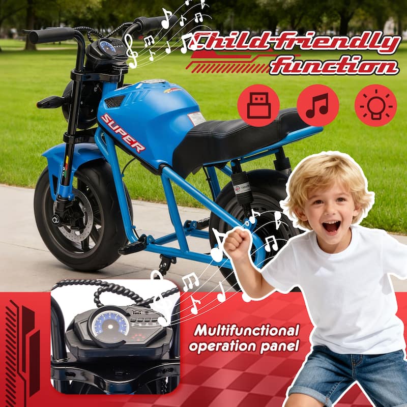 Simple Electric Bike Kids Electric Motorcycle Blue 24V Ride-On Motorcycle with Built-in Music & LED Lights