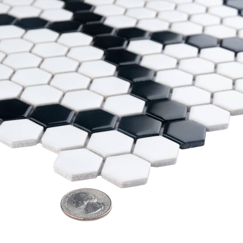 Merola Tile Metro 1" Hex Matte White w/Black Diamond 10-1/4" x 11-7/8" Porcelain Mosaic Floor and Wall Tile