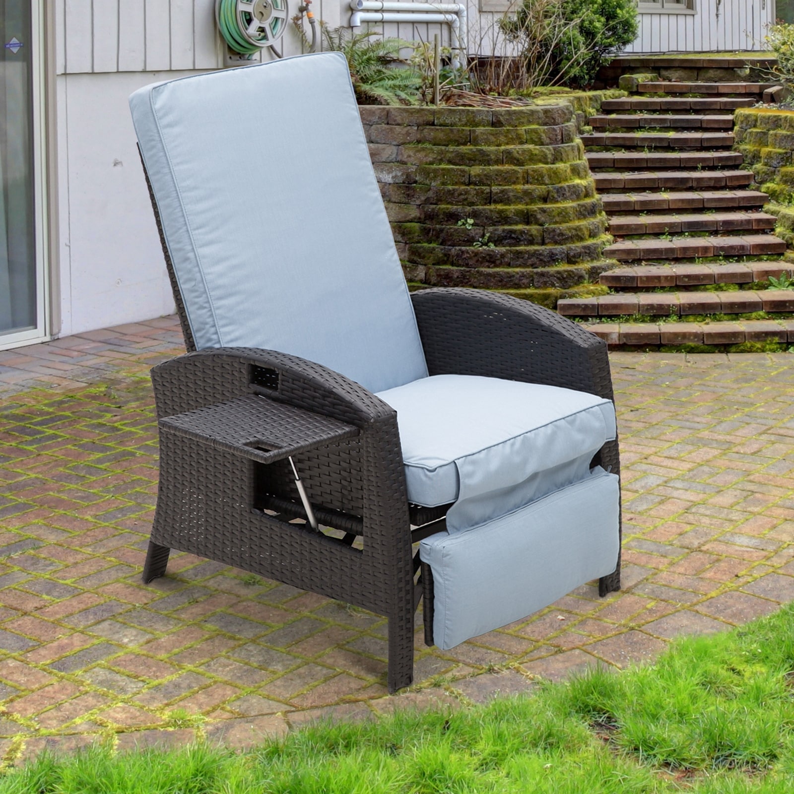 Outsunny Outdoor Rattan Wicker Adjustable Recliner Lounge Chair With Drink Tray Stylish Contemporary Design Coffee Overstock 30998364