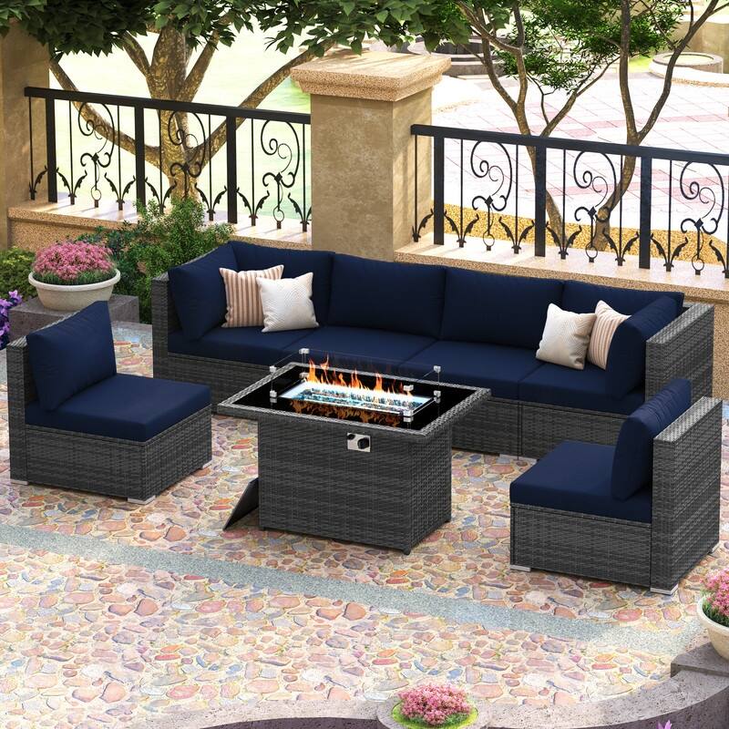 FINCATI Outdoor 7-piece High-back Wicker Patio Sectional Set with 43'' Fire Pit Table, 500 lbs Luxury Oversized Conversation Set - Navy Blue