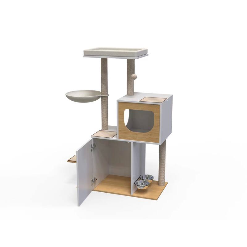 Wood Cat Tree Tower with Scratching Pads and Large Storage Space, Industrial Cat Cabinet with Shelves and Doors