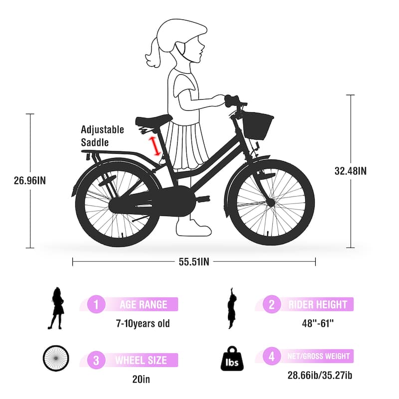 20 Inch Girls Bike with Basket, Single Speed Steel Frame, Front V-Brake & Rear Coaster Brake, Ages 7-10