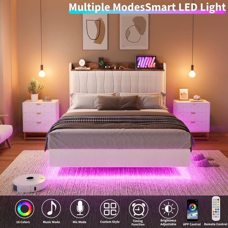 Full/Queen/King Floating Bed Frame with LED Lights & Charging Station, Upholstered Platform Bed with Storage Headboard