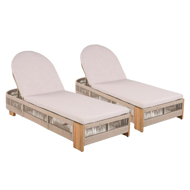 Rope Woven Outdoor Chaise Lounge Chair Adjustable Patio Recliner with Cushions Breathable Net Frame Sun Tanning Poolside Lounger