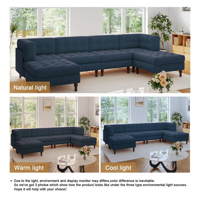 130"W Corduroy Upholstered Modular Sectional Sofa with Storage Ottoman