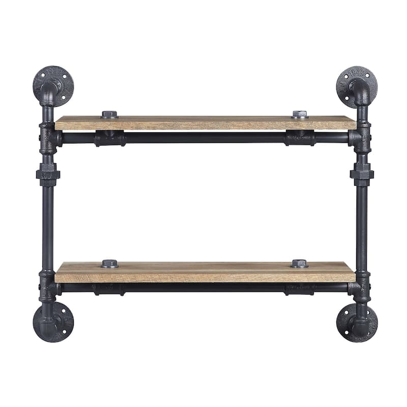 Floating Wood Wall Shelf with Metal Tube in Oak and Sandy Black