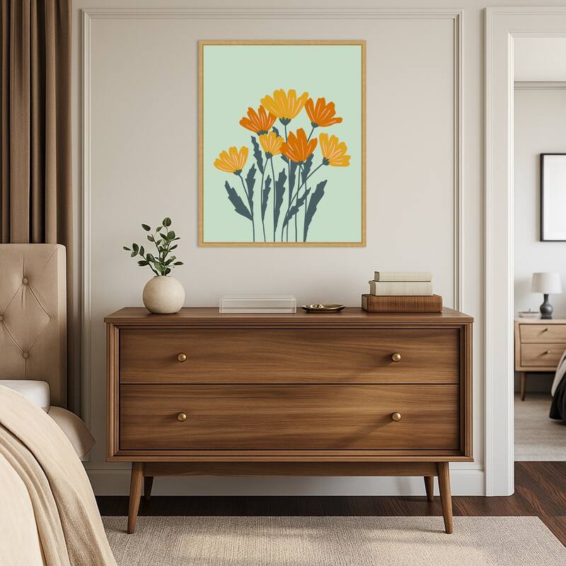 Orange Yellow Flowers by Angela Minca Framed Canvas Wall Art Print