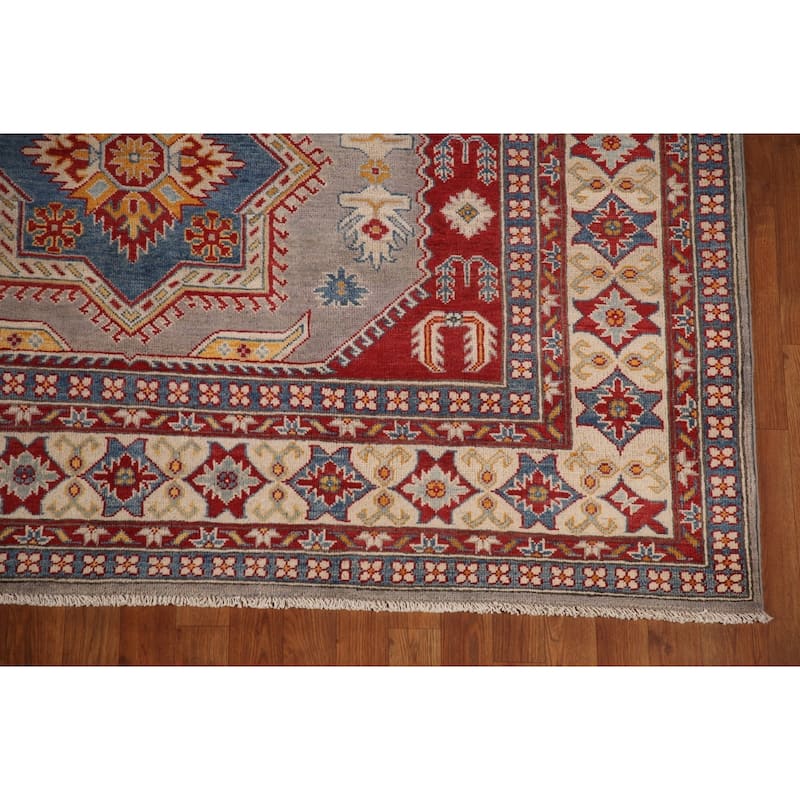 Kazak Area Rug Hand-Knotted Geometric Grey Wool Carpet - 6'9" x 9'8"