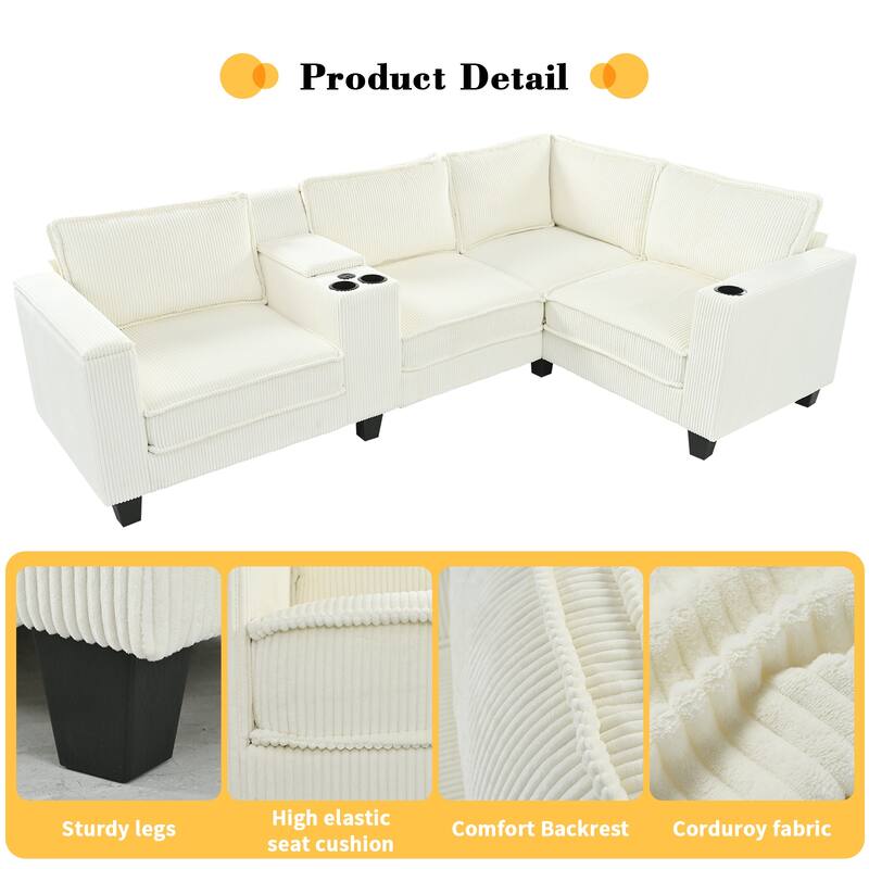 105" L-Shaped Corduroy Sectional Sofa with Storage Armrests and Console, 4-Seater Convertible Couch with USB charging