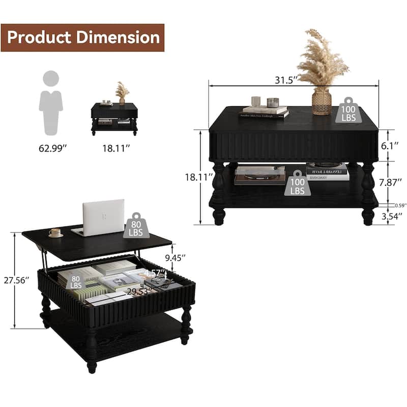 Modern Fluted Solid Wood Accent Coffee Table with Hidden Storage