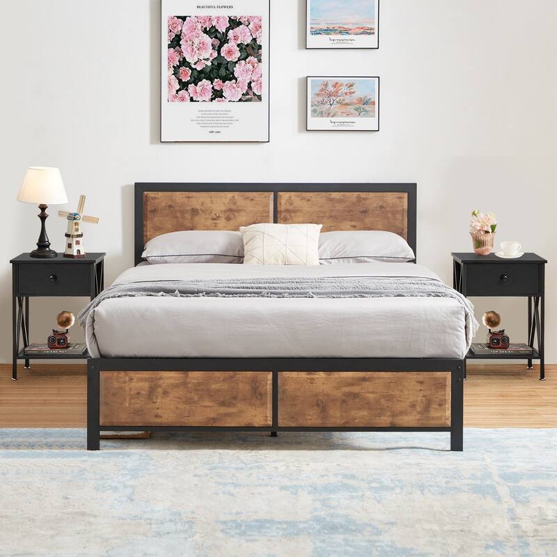 VECELO 3-Pieces Bedroom Sets, Platform Bed with Headboard and Set of 2 Nightstands