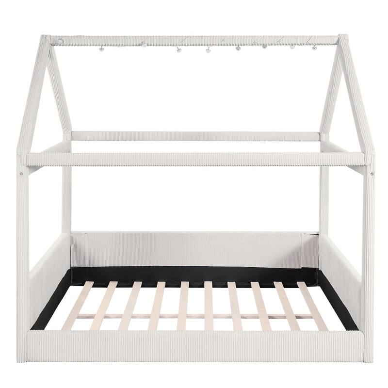 Full Size Upholstered House Daybed with LED Light Strips, Modern House Floor Bed Montessori Bed with Roof Design for Kids