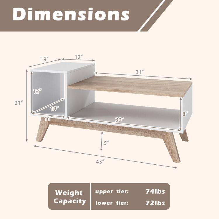 White-Natural Engineered Wood MDF Coffee Table with Stepped Storage and Compartments - 43" x 19" x 21"