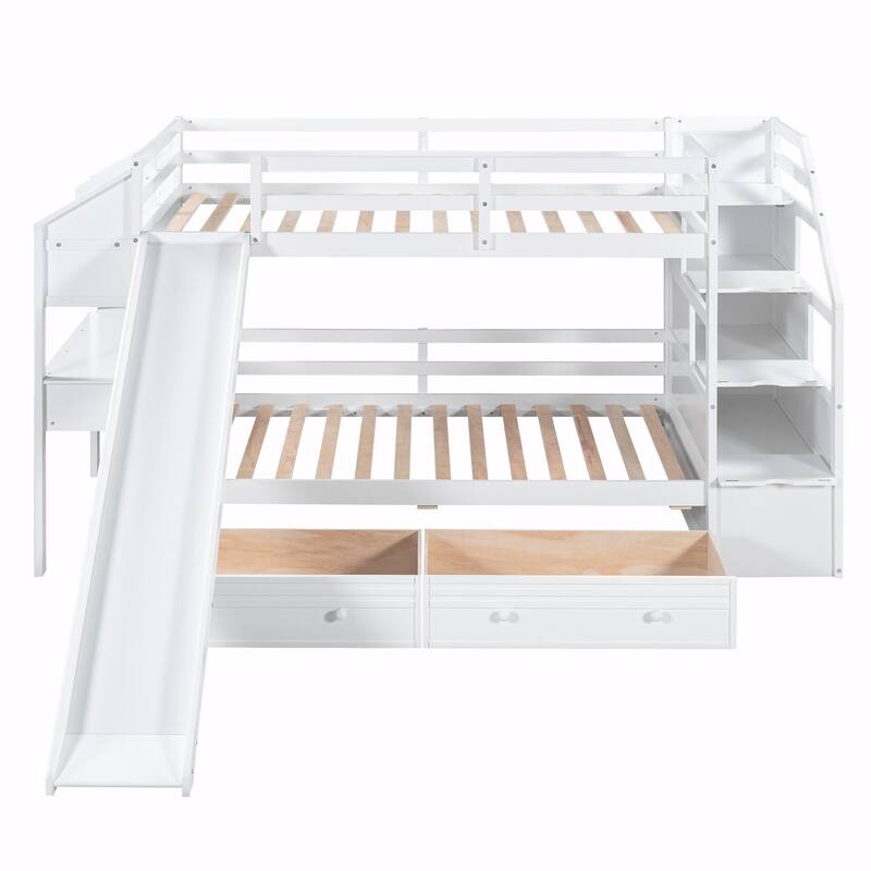 Twin over Twin Bunk Bed with Storage Staircase, Slide, Drawers, Desk, and Shelves