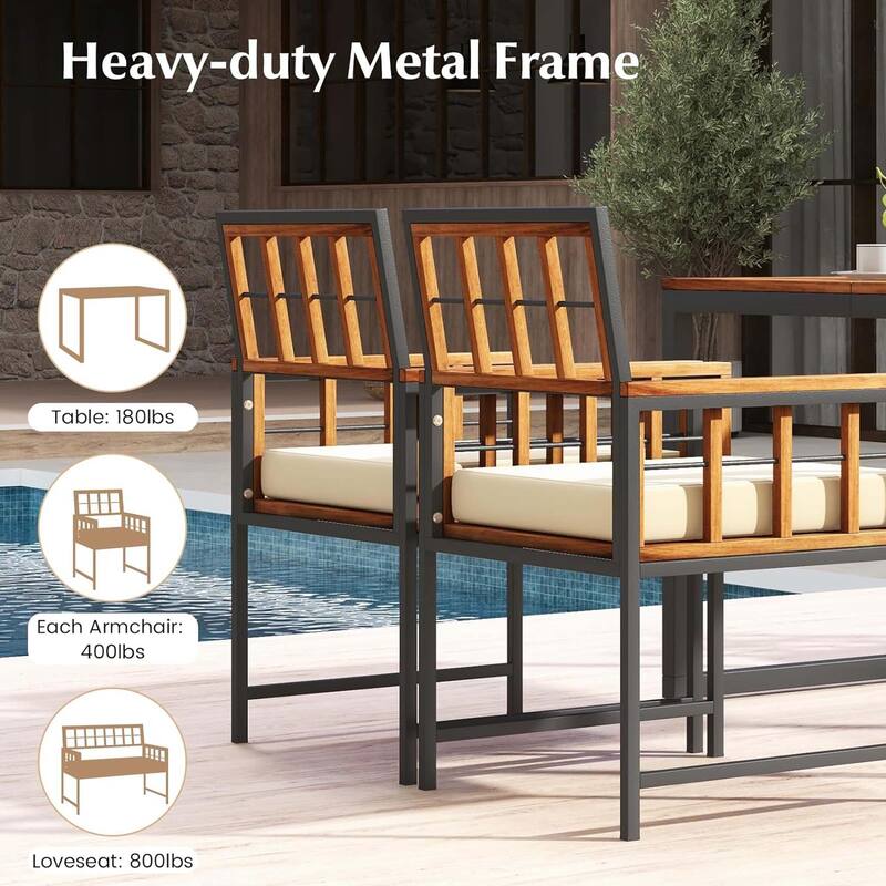 4 PCS Wood Patio Dining Set Outdoor Table and Chairs w/Cushions