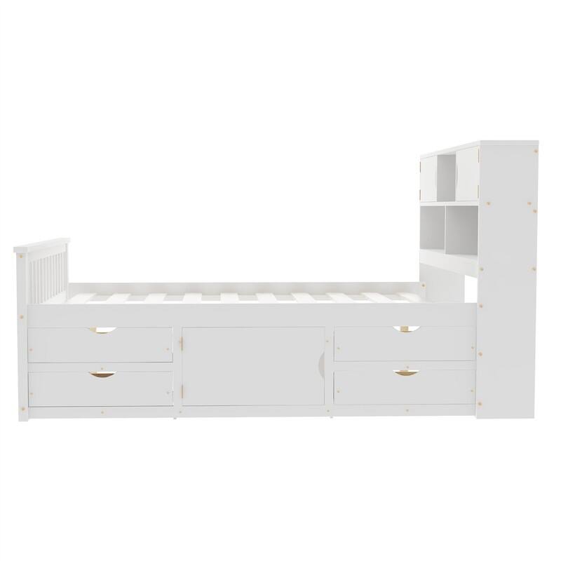 Twin/Full Size Captain Platform Bed with 4 Drawers and Storage Bookcase Headboard, Solid Wood Bed Frame with Storage Shelves