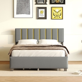 Upholstered Frame Platform Queen Size Bed with 2 Drawers, Pull-out Trundle and Classic Metal Strip Headboard Design Wingback Bed