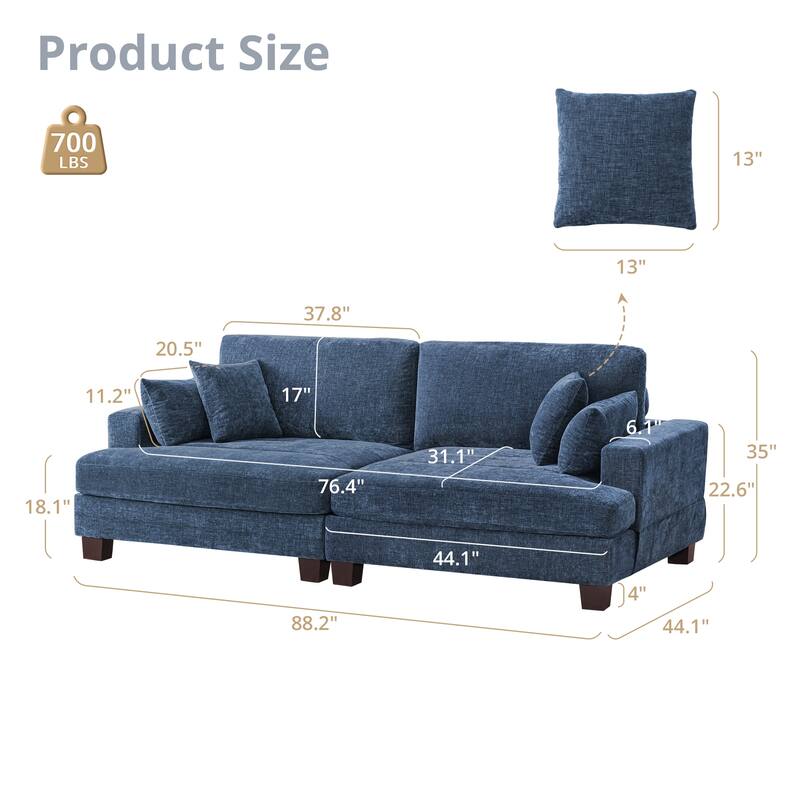 88"W 3-Seater Sofa Chenille Upholstered Couch Modern Loveseat Sofa Wooden Frame Sofa for Living Room