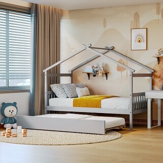 Twin Size Wooden House-Shaped Bed with Twin Trundle , Classic Design with Whimsical Sky Roof