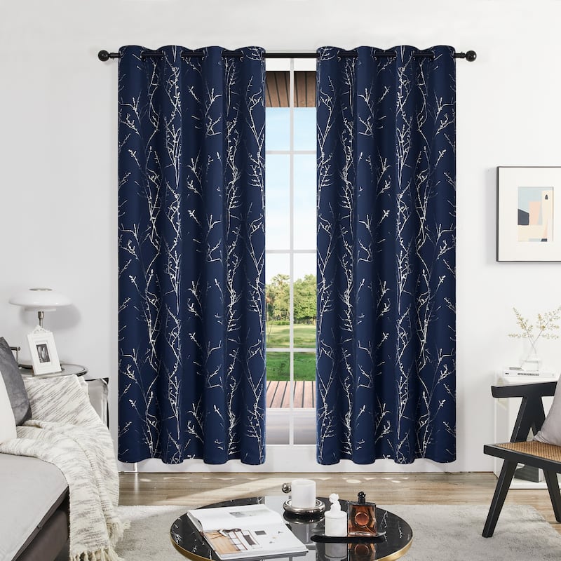 Deconovo Blackout Silver Tree Twigs Curtains(2 Panel) - 52x84 Inch - Navy Blue