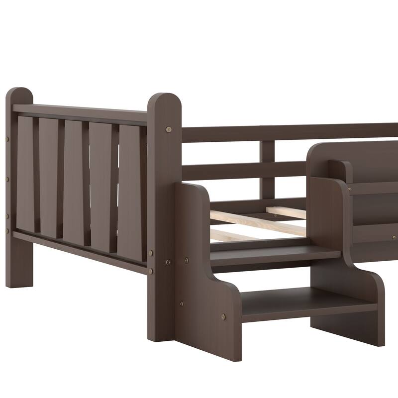 Full/Twin Floor Bed with Storage Bookcases & Cute Stairs - Solid Wood Kids Bed, No Box Spring