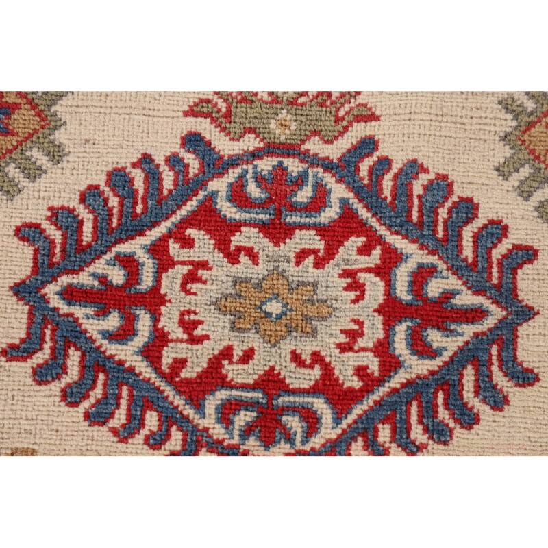 Geometric Ivory Kazak Oriental Accent Rug Hand-Knotted Wool Carpet - 3'5"x 4'11"