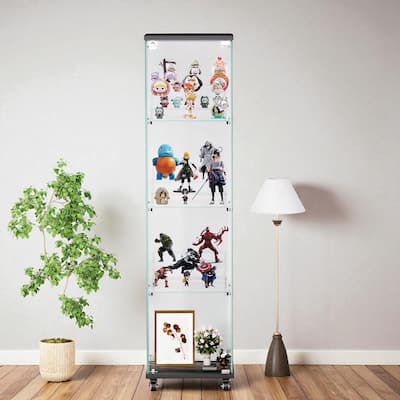 4-Tier Glass Display Cabinet with Lock and Wheels, Single Door Storage Case with 3 Acrylic Shelves for Collectibles and Office
