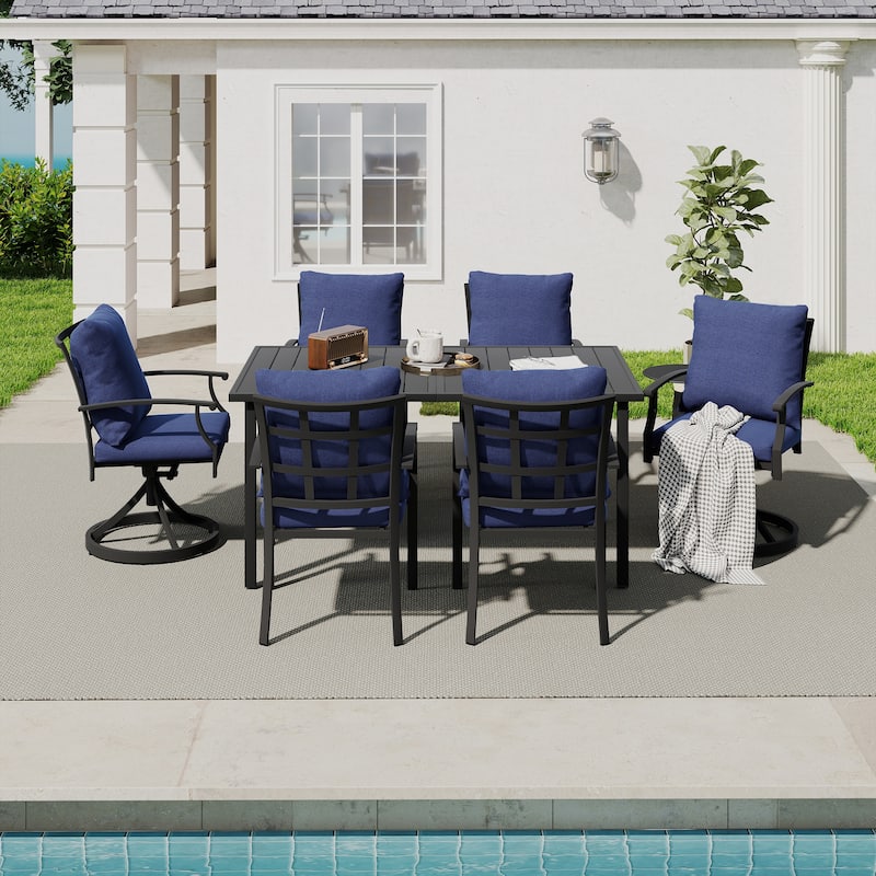 IvyGlow 7-Piece Black Metal Patio Dining Set with Rectangular Table, 2 Swivel Dining Chairs and Gray Cushions