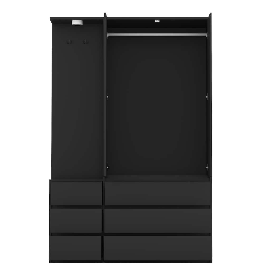 6 Drawers Armoire Wooden Bedroom Wardrobe Closet with Mirrored Door, Storage Shelves and Hanging Rail
