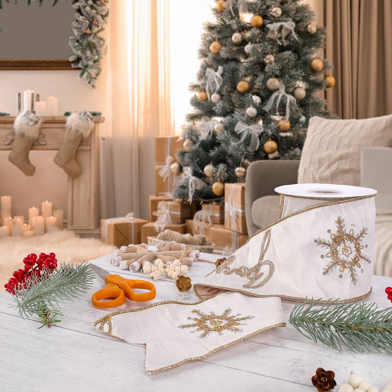 HGTV Home Collection Joyuex Snowflake Embroidered Dupioni Ribbon, Ivory, 4 in - 4 in