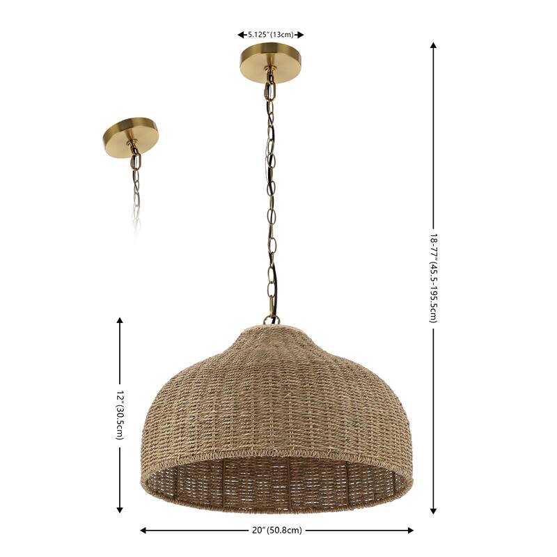 Lacey 20" 1-Light Coastal Bohemian Rattan/Iron Dome LED Pendant, Brown/Brass Gold by JONATHAN Y