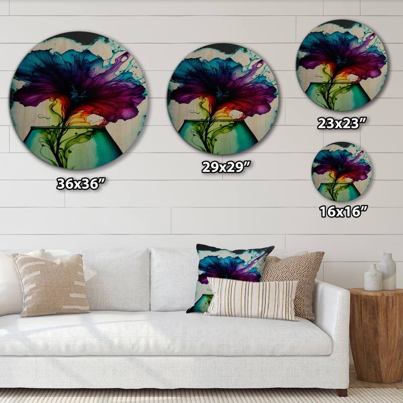 Designart "Purple And Blue Blossoming Flower" Floral Wood Wall Art - Natural Pine Wood