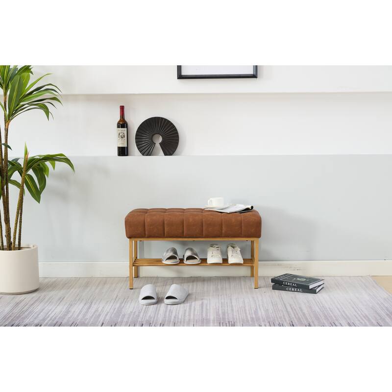 End of Bed Bench with Shelf, Retro leather Upholstered Storage Shoe Bench, Bedroom Bench with Metal Legs for Dining Room, 300 LB