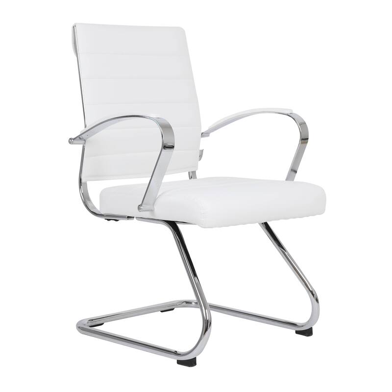 Benmar Modern Leather Office Chair with Stainless Steel Sled Base, Floor Caps, Ergonomic Desk Chair for Home Office or Workspace - White