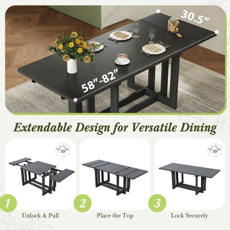 82" Rustic Extendable Dining Table Set: 7-Piece Trestle Table with 6 Upholstered Chairs & 2 Removable Leaves