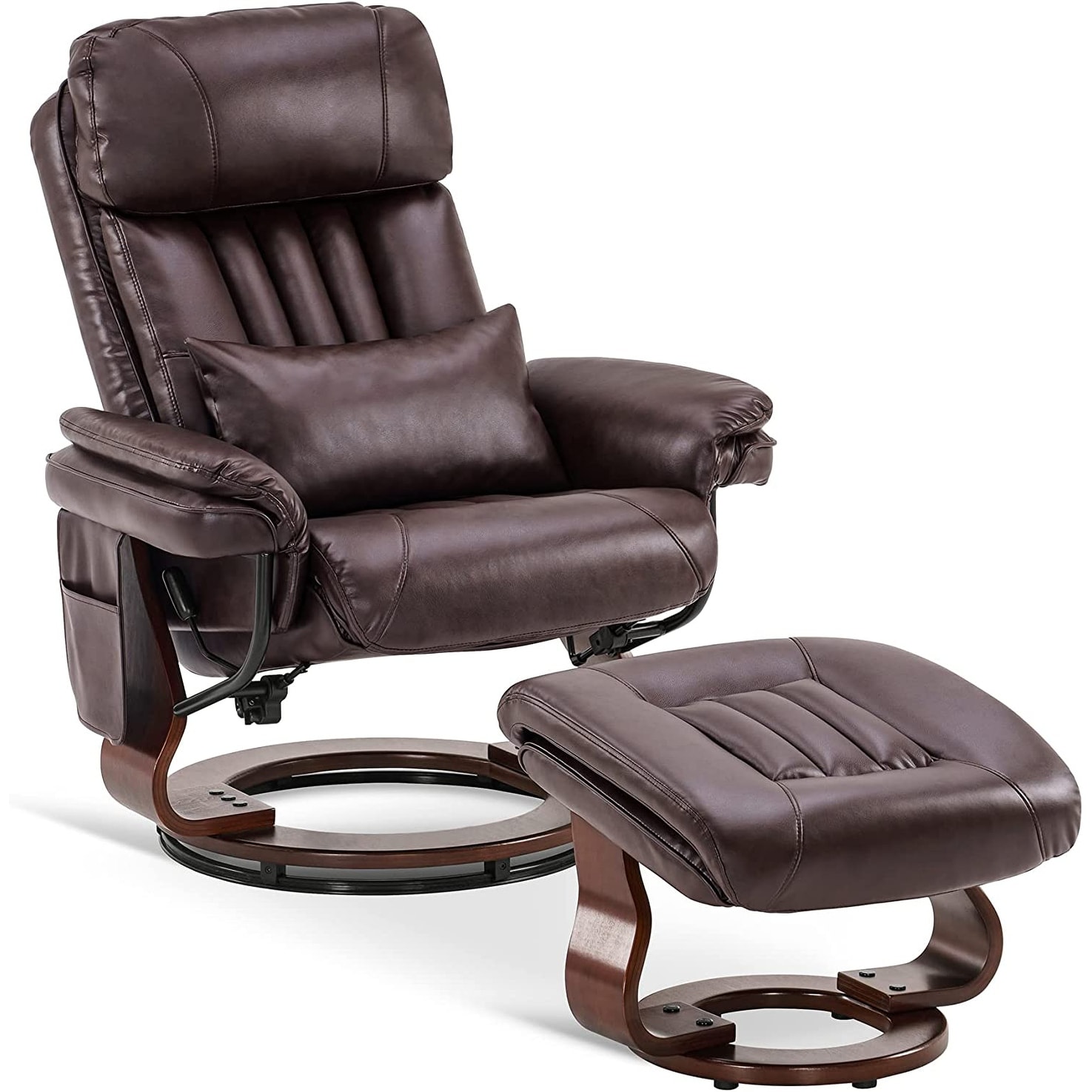 Mcombo leather soft swiveling recliner chair with wrapped shop swiveling wood base and matching ottoman