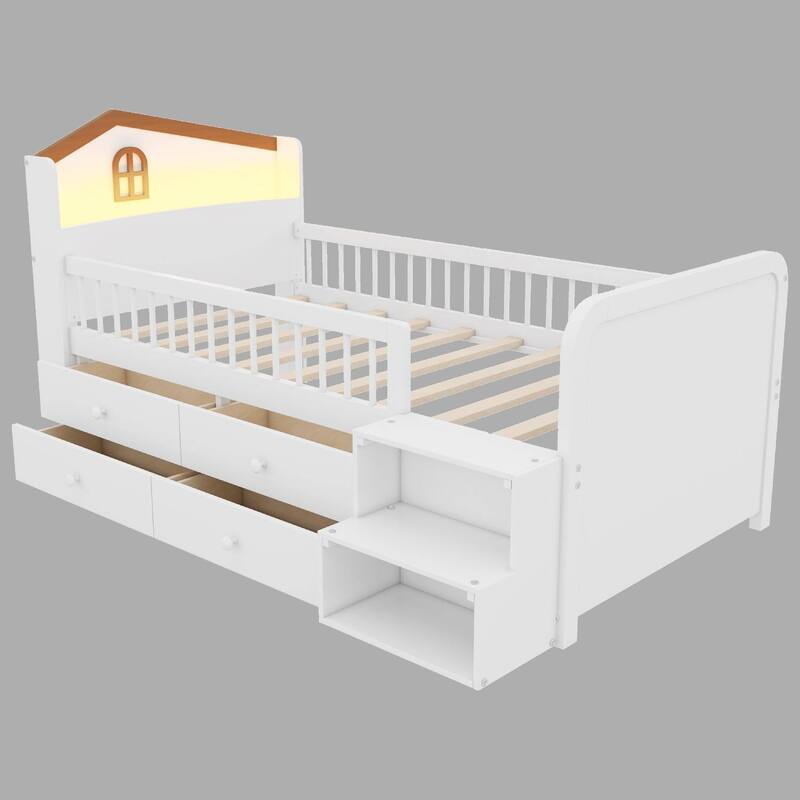 Wooden Twin Low Loft Bed with LED Lights, Safety Guardrails & Storage Drawers for Kids - White - Twin