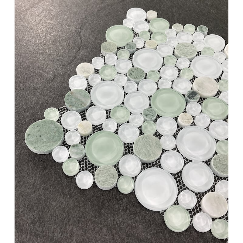 Green & White Pebble Round Glass And Marble Mosaic Tile - Case (10 Sheets)