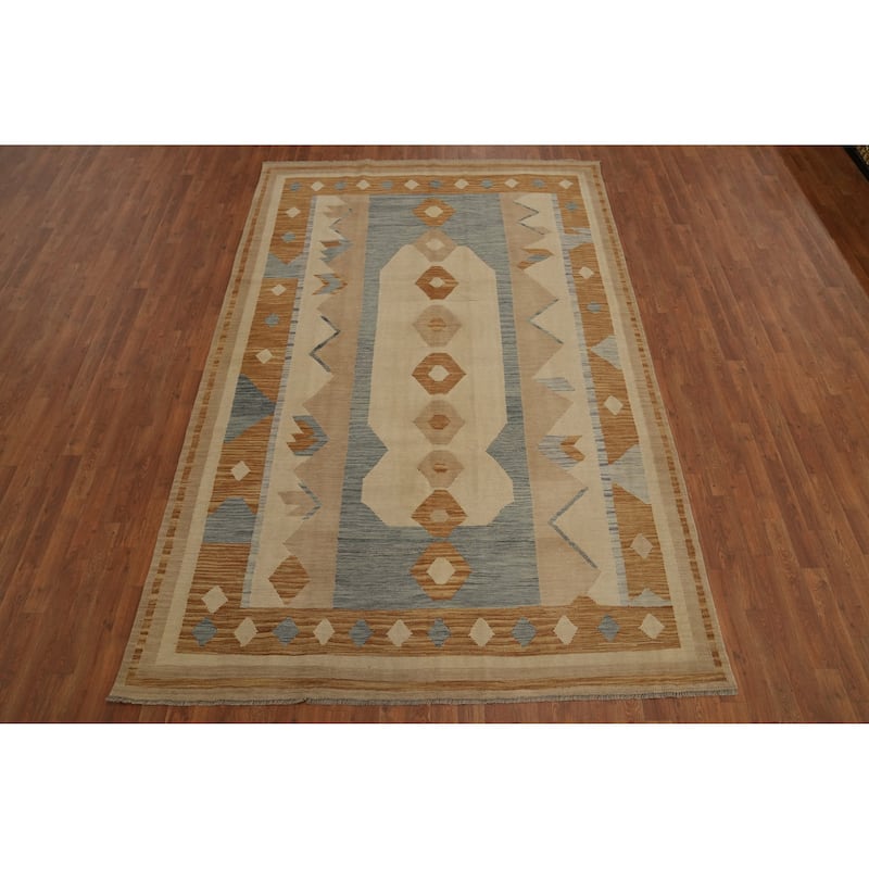 Hand Woven Oriental 100% Wool Carpet Southwestern Tribal Beige & Ivories Kilim Area Rug - 9' 11'' X 6' 6''